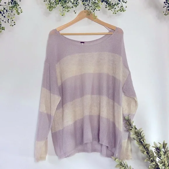 EUC Free People Lavender & Cream Stripe Baggy loose knit sweater - Picture 2 of 6